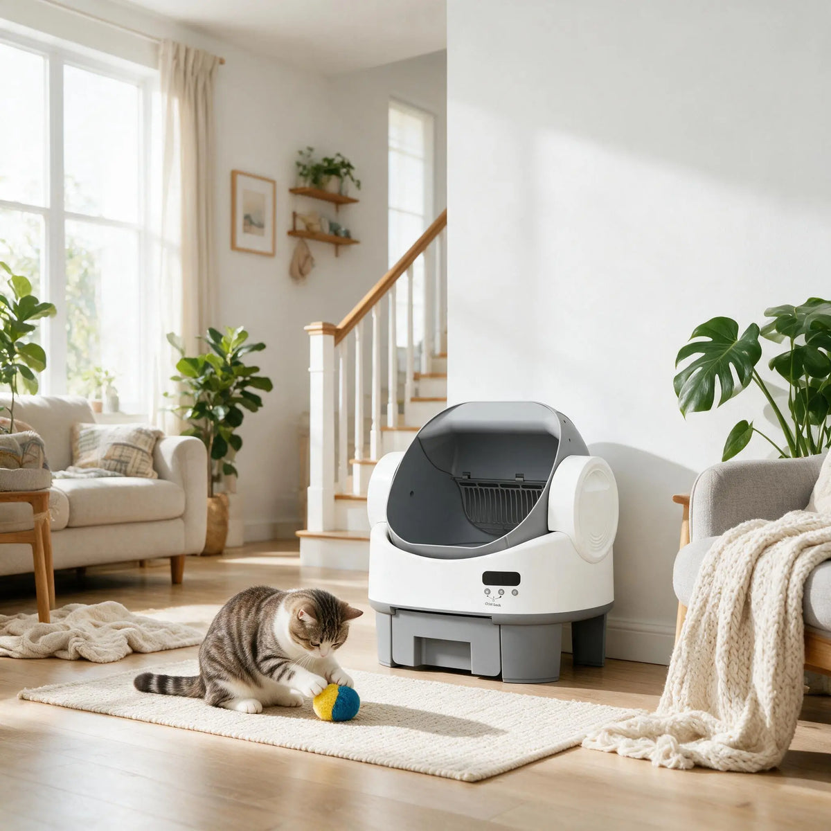 Alifuraha Automatic Self-Cleaning Portable Litter Box for Cats - Open-Top Design, Large Capacity for 3.5 to 22 lbs, App-Free Operation, 4-Layer Safety Features, Easy-Clean Drum, 15-Day Waste Storage, Scoop-Free Convenience, 3-Minute Deep Cleaning, Odor Control, Auto and Manual Modes