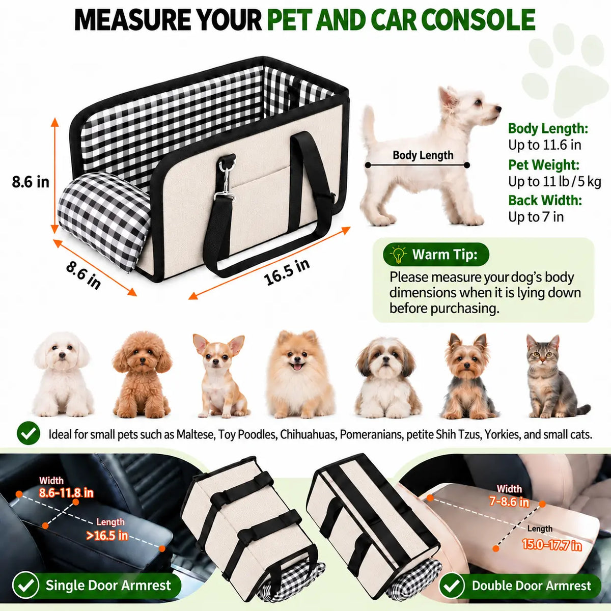Must-Have Center Console Dog Car Seat for Small Pets up to 12 Lbs, Armrest Booster Seat with Built-In Leash, Cozy Travel Pet Bed for Dogs & Cats