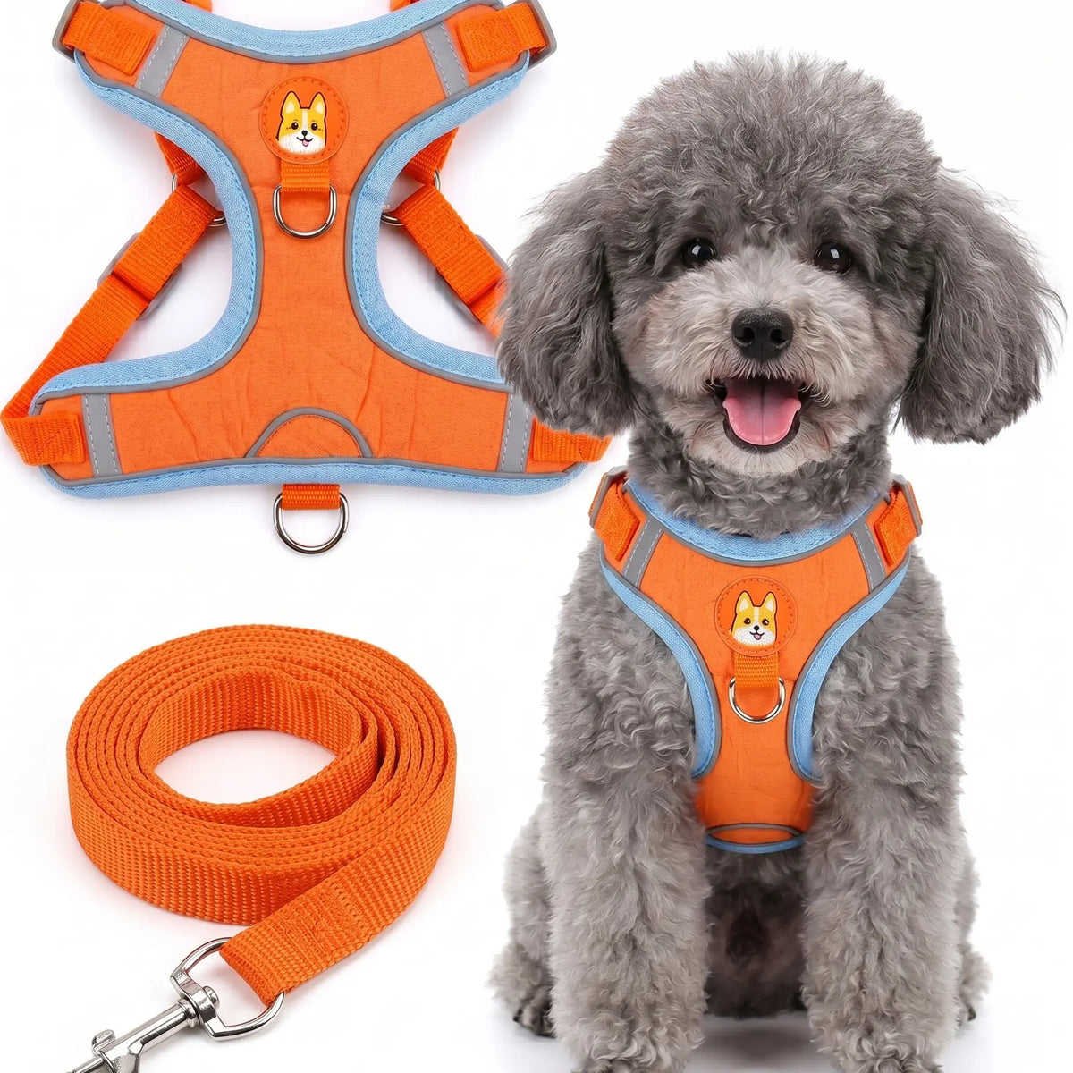 Adjustable 2-Pack Pet Harness and Leash Set, Soft Suede Vest with Durable Reflective Features, Tangle-Free Leash for Effortless Walking, Perfect for Daily and Nighttime Outdoor Activities