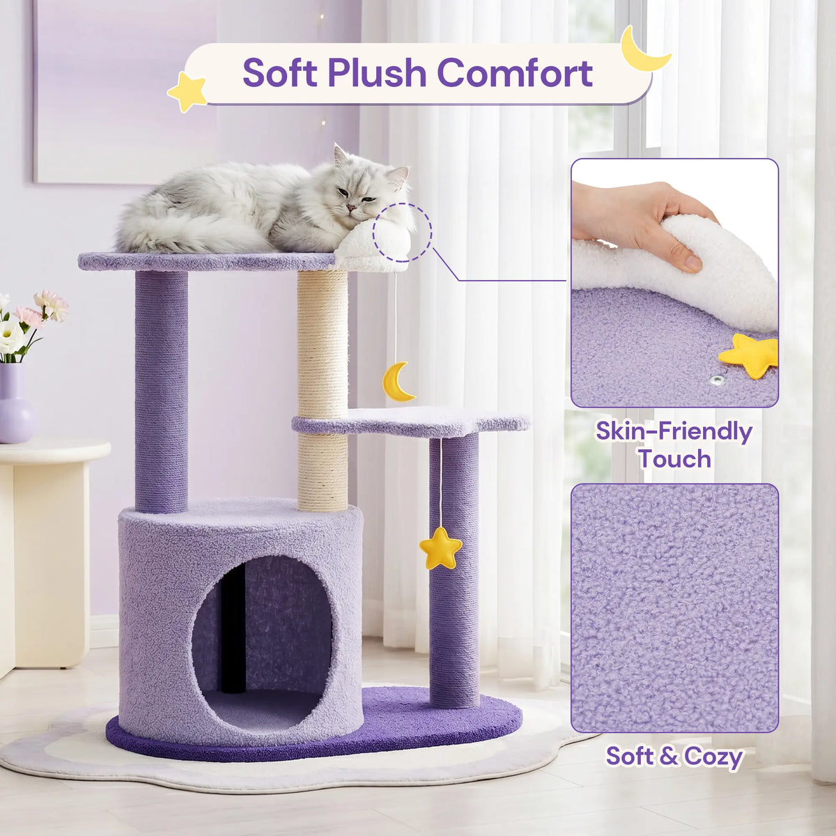 Happy & Polly 28" Compact Moonlight Cottage Cat Tree - Sisal-Wrap Scratcher, Kitten Condo with Cozy Hideout, Multi-Use Feline Pet Furniture for Rest & Play