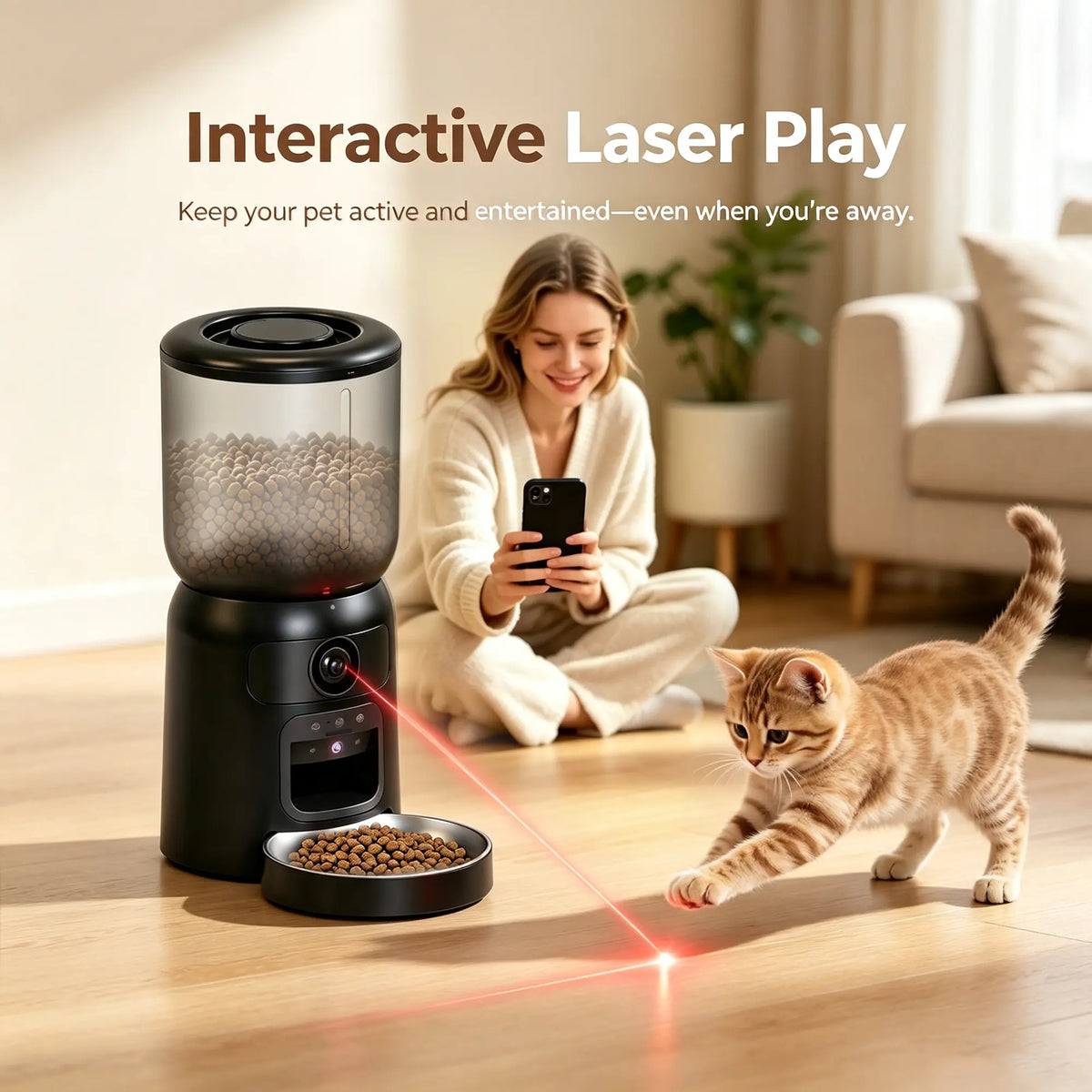 Taleboss Smart Automatic Cat Feeder with Camera, 5L Capacity, Laser Toy, 1080P HD, App Control, Night Vision, Dual Band Wifi, and Two-Way Audio
