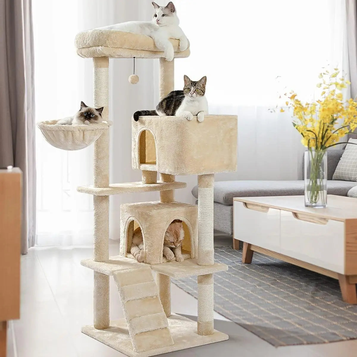 Cat Tree Tower with Scratching Sisal Posts,Hammock,Ladder and Feeding Bowl