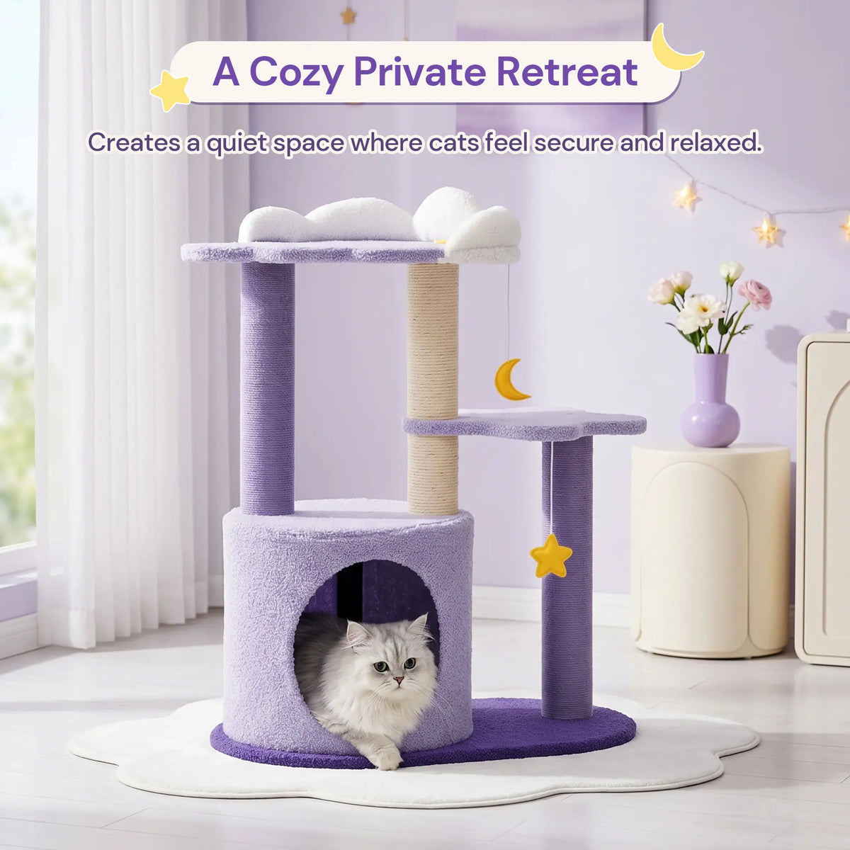 Happy & Polly 28" Compact Moonlight Cottage Cat Tree - Sisal-Wrap Scratcher, Kitten Condo with Cozy Hideout, Multi-Use Feline Pet Furniture for Rest & Play