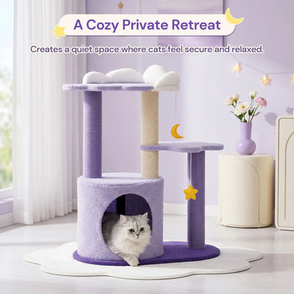 Happy & Polly 28" Compact Moonlight Cottage Cat Tree - Sisal-Wrap Scratcher, Kitten Condo with Cozy Hideout, Multi-Use Feline Pet Furniture for Rest & Play