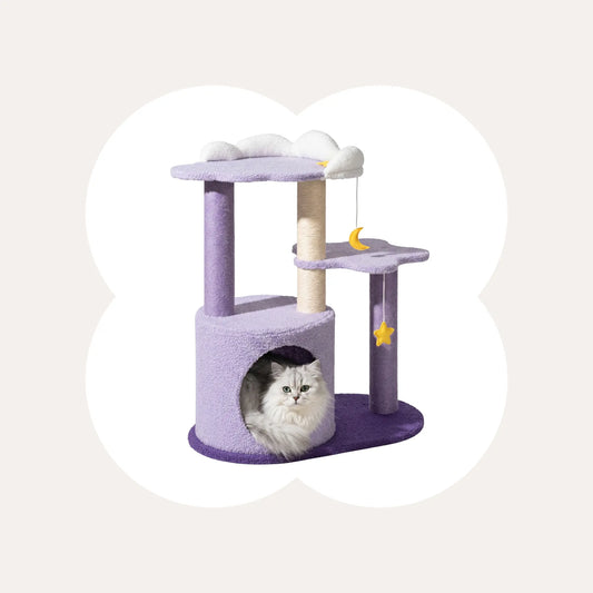 Happy & Polly 28" Compact Moonlight Cottage Cat Tree - Sisal-Wrap Scratcher, Kitten Condo with Cozy Hideout, Multi-Use Feline Pet Furniture for Rest & Play