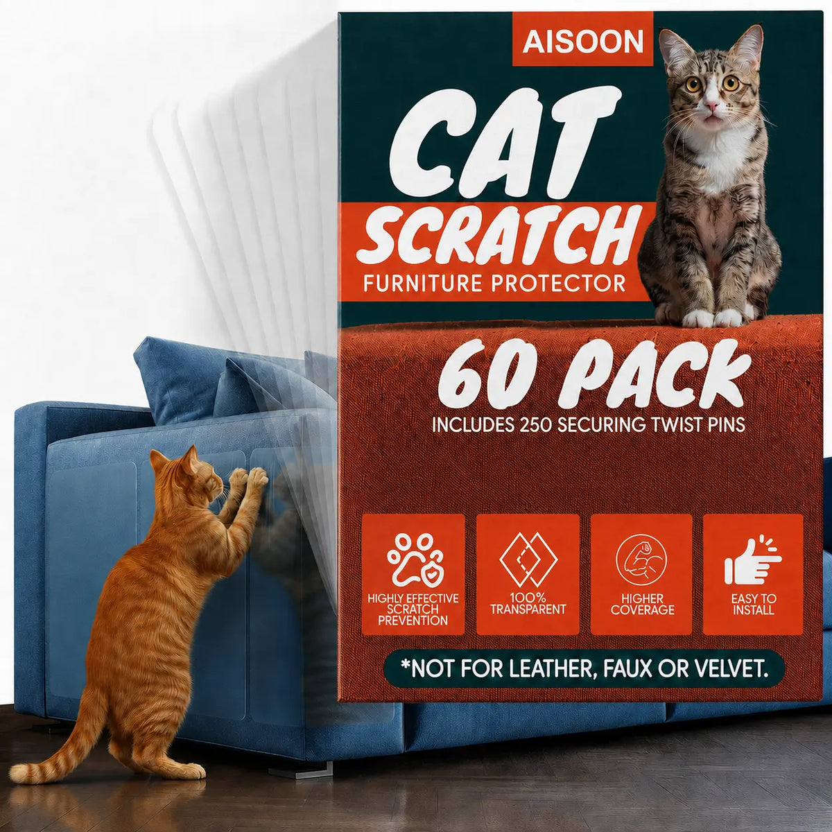 AISOON 60 Pcs 15Mm Transparent Single-Side Self-Adhesive Cat Scratch Tape, Furniture Protection Scratch Shield, Residue-Free Couch Deterrent