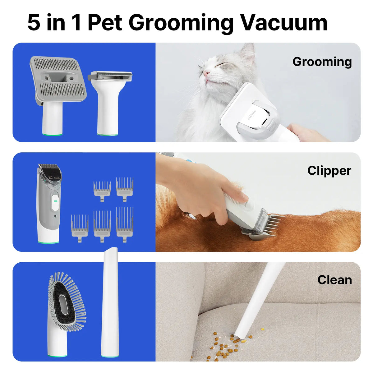 Neakasa P1 Pro Pet Grooming Kit with Vacuum, 99% Capture for Floor Tidiness, 5 Groomer Tools, 1L Washable Bin, 3 Adjustable Strong Suction Levels, 52Db Quiet Cut, Dog & Cat Nozzle, Hair Clippers, Cleaning Brush, Precise Cuts, Hair Removal, Reuse It