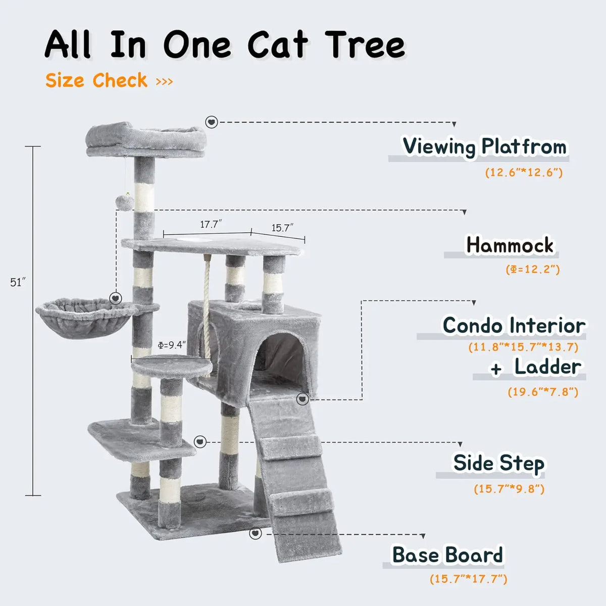 Cat Tree Tower with Scratching Sisal Posts,Hammock,Ladder and Feeding Bowl