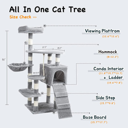 Cat Tree Tower with Scratching Sisal Posts,Hammock,Ladder and Feeding Bowl