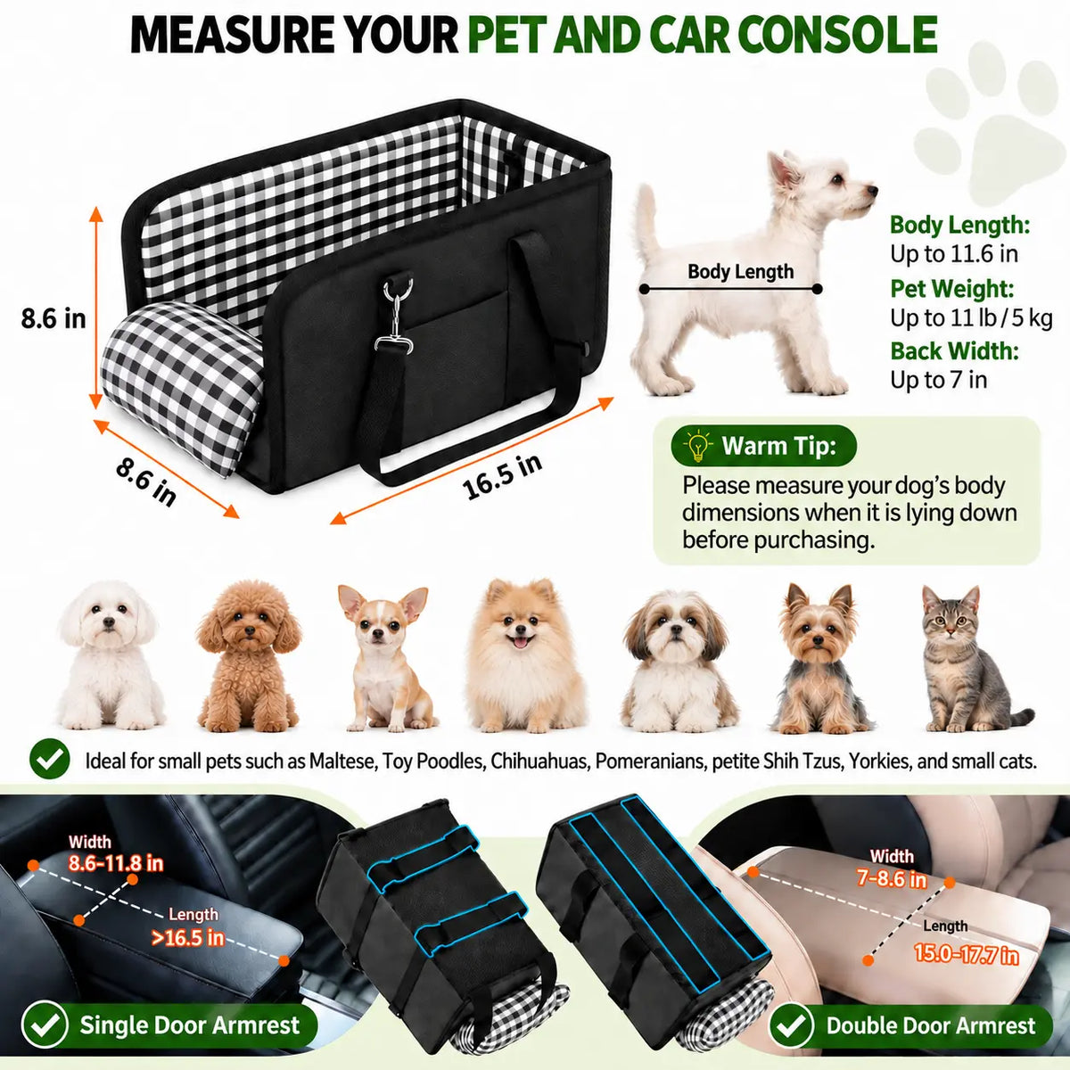 Must-Have Center Console Dog Car Seat for Small Pets up to 12 Lbs, Armrest Booster Seat with Built-In Leash, Cozy Travel Pet Bed for Dogs & Cats
