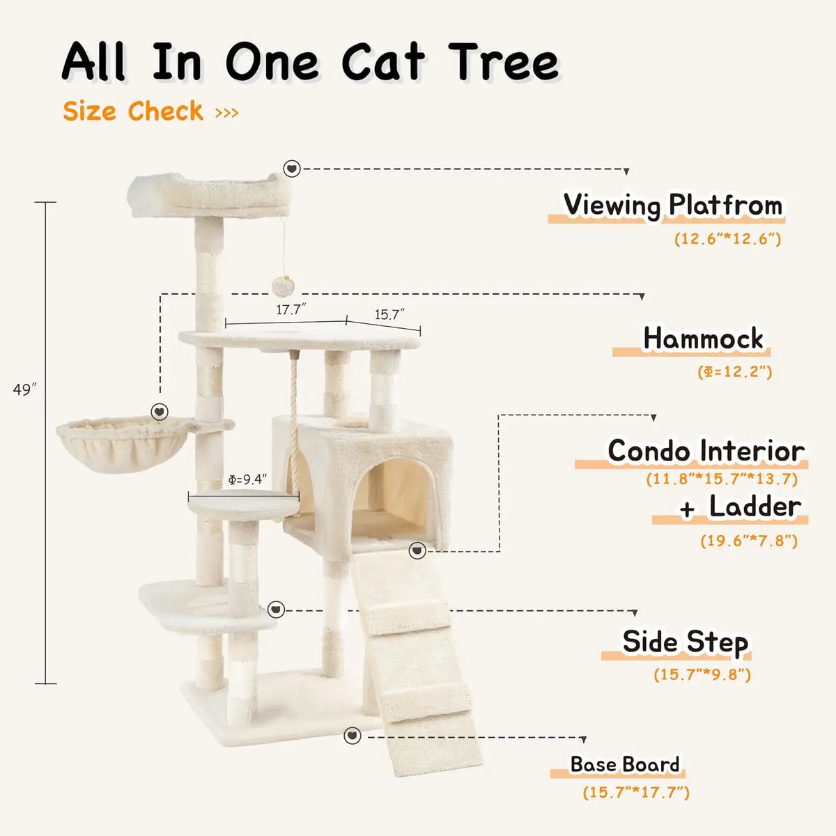 Cat Tree Tower with Scratching Sisal Posts,Hammock,Ladder and Feeding Bowl