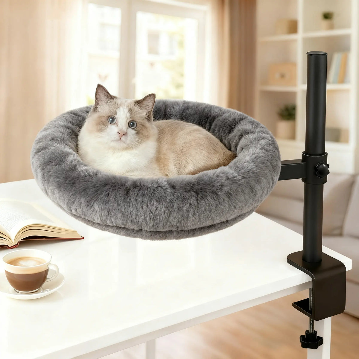 Desk Mounted Cat Bed, 60LBS Heavy Duty Floating Cat Perch with Adjustable Swivel Arm, Removable Machine Washable Plush Cat Nest, No-Drill Clip-On Cat Bed for Desk, Gaming & Home Office