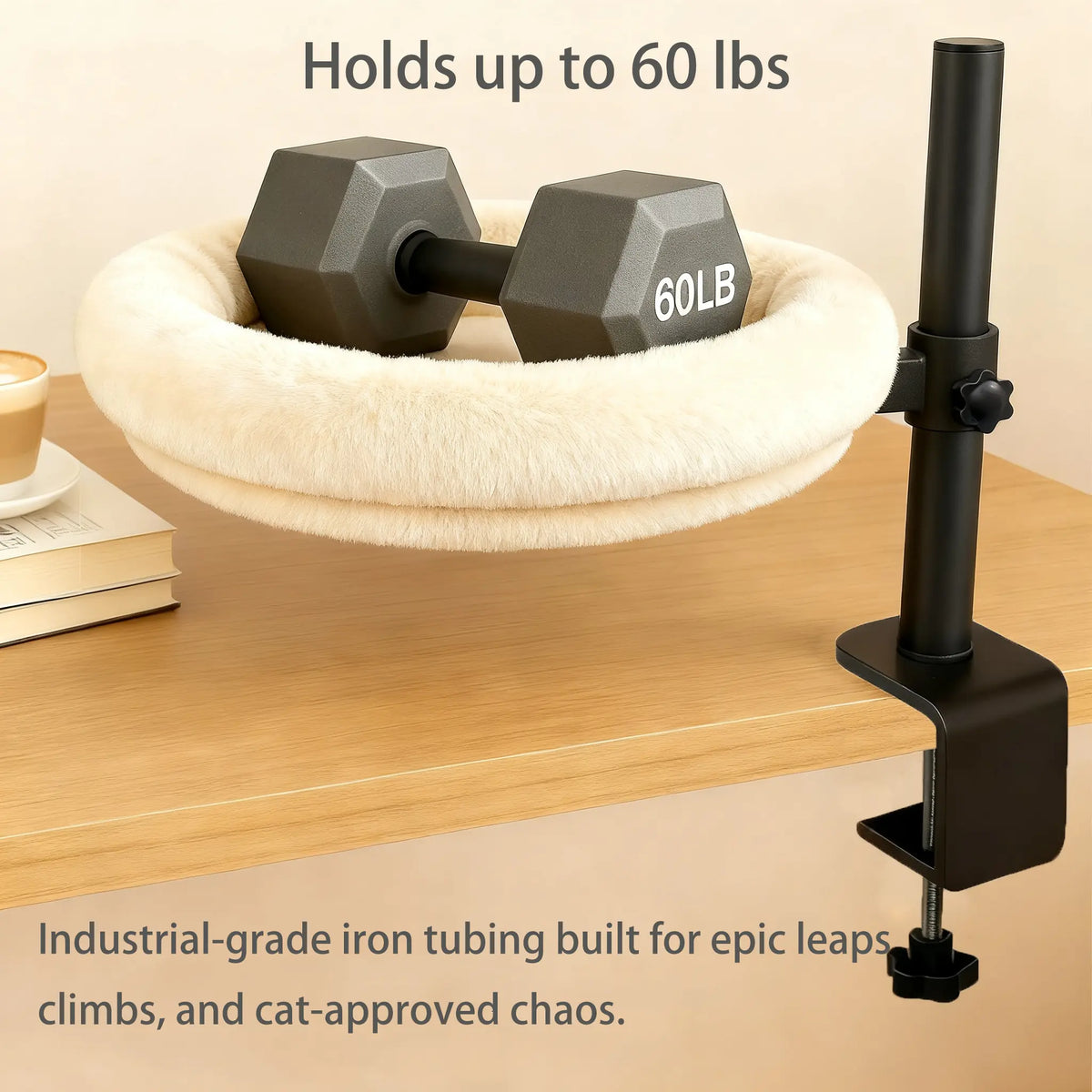 Desk Mounted Cat Bed, 60LBS Heavy Duty Floating Cat Perch with Adjustable Swivel Arm, Removable Machine Washable Plush Cat Nest, No-Drill Clip-On Cat Bed for Desk, Gaming & Home Office
