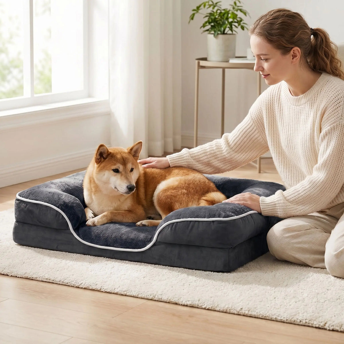 Sweetcrispy Modern Orthopedic Memory Foam Pet Bed for Large Dogs with 3-Sided Bolsters - 20"L x 24"W x 8"Th, Waterproof Detachable Cover, Non-Slip Base, Joint Relief, Consistent Support, Pressure Relief, Supportive Sofa, 24 to 48 Hour Recovery Time