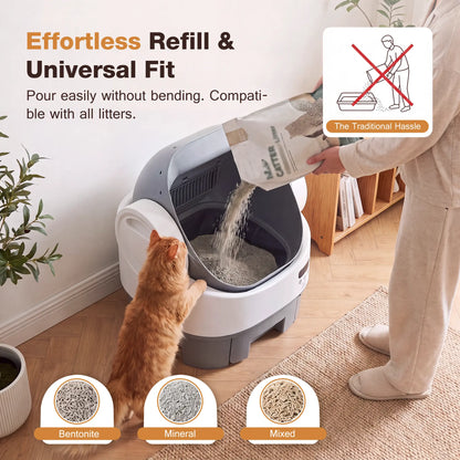 Alifuraha Automatic Self-Cleaning Portable Litter Box for Cats - Open-Top Design, Large Capacity for 3.5 to 22 lbs, App-Free Operation, 4-Layer Safety Features, Easy-Clean Drum, 15-Day Waste Storage, Scoop-Free Convenience, 3-Minute Deep Cleaning, Odor Control, Auto and Manual Modes