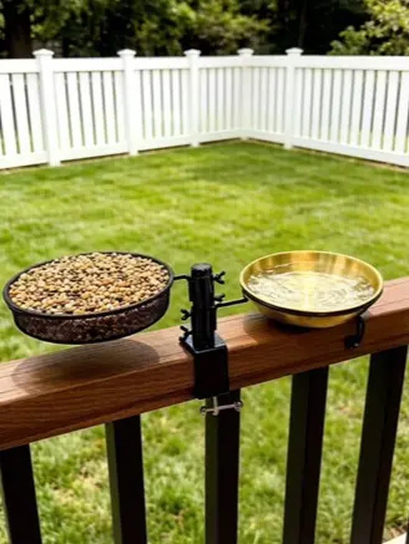 Metal Wildbird Feeder with Mesh & Detachable Birdbath Bowl/Dish, Easy Railing-Mount, 8In Diameter Platform Tray, Adjustable Clamp, 2.5In Max Fit for Deck/Porch Outdoor Bird Feeding Supplies