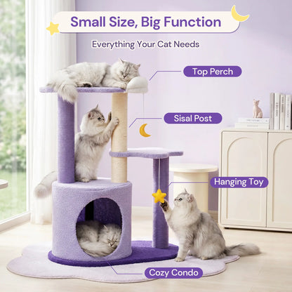 Happy & Polly 28" Compact Moonlight Cottage Cat Tree - Sisal-Wrap Scratcher, Kitten Condo with Cozy Hideout, Multi-Use Feline Pet Furniture for Rest & Play