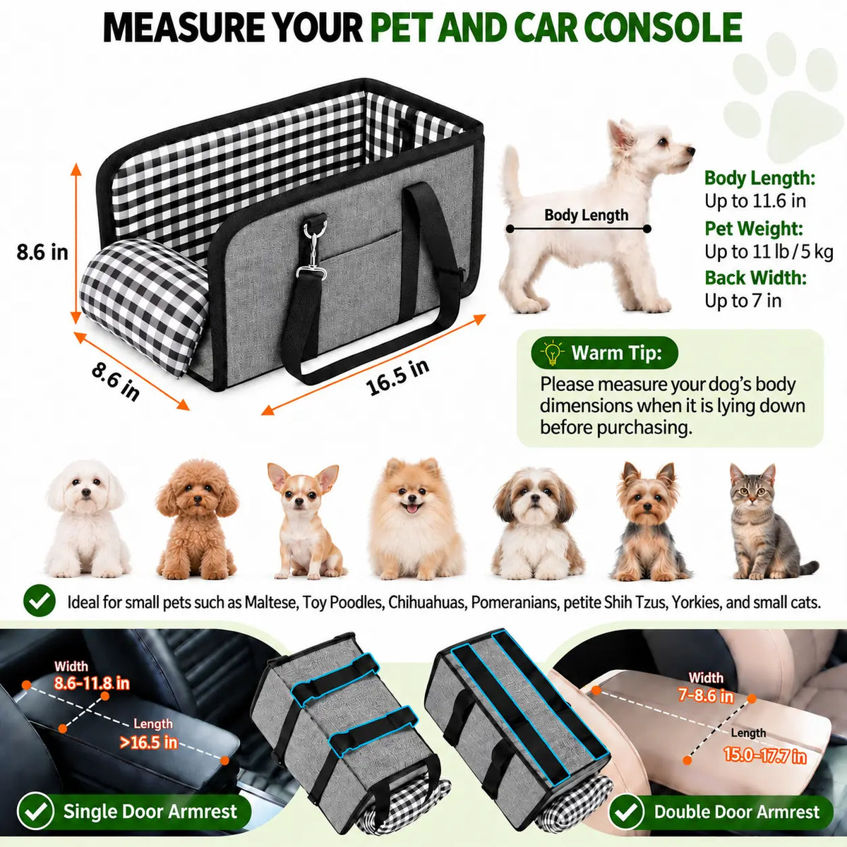 Must-Have Center Console Dog Car Seat for Small Pets up to 12 Lbs, Armrest Booster Seat with Built-In Leash, Cozy Travel Pet Bed for Dogs & Cats