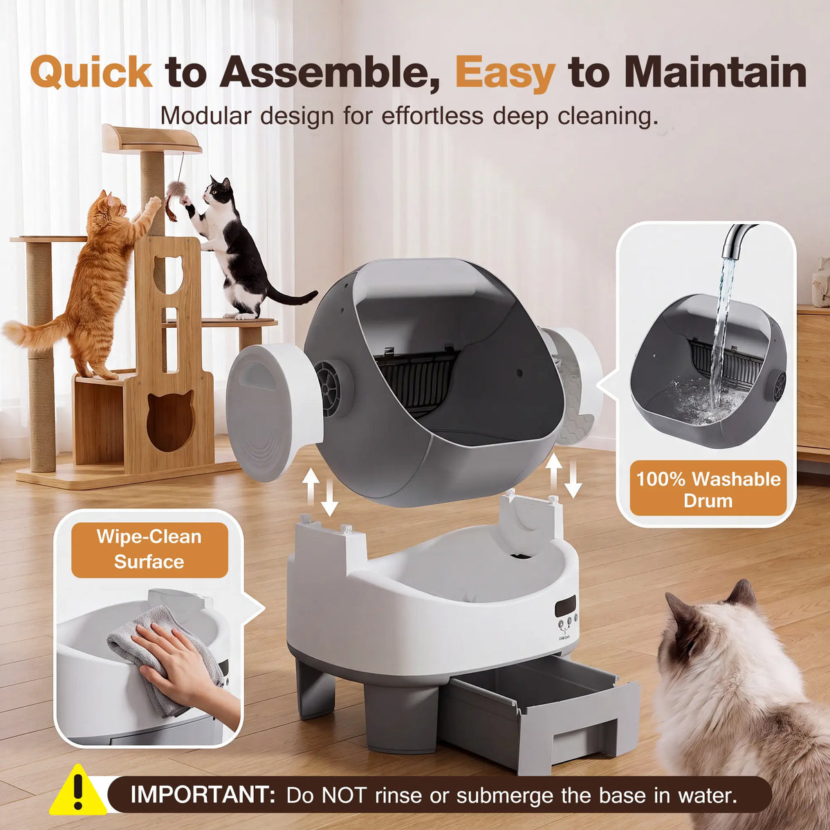 Alifuraha Automatic Self-Cleaning Portable Litter Box for Cats - Open-Top Design, Large Capacity for 3.5 to 22 lbs, App-Free Operation, 4-Layer Safety Features, Easy-Clean Drum, 15-Day Waste Storage, Scoop-Free Convenience, 3-Minute Deep Cleaning, Odor Control, Auto and Manual Modes