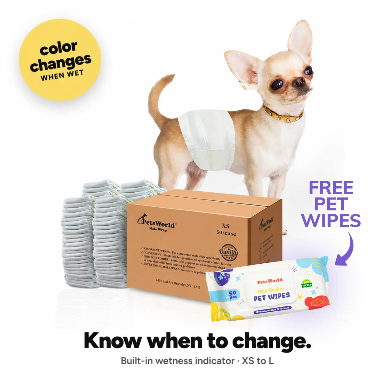 Petsworld Male Dog Diapers, Disposable Belly Bands for Male Dogs, Super Absorbent Dog Wraps with Wetness Indicator, Leak Proof Fit for Marking, Incontinence & Potty Training, Sizes XS-L Puppy Diapers