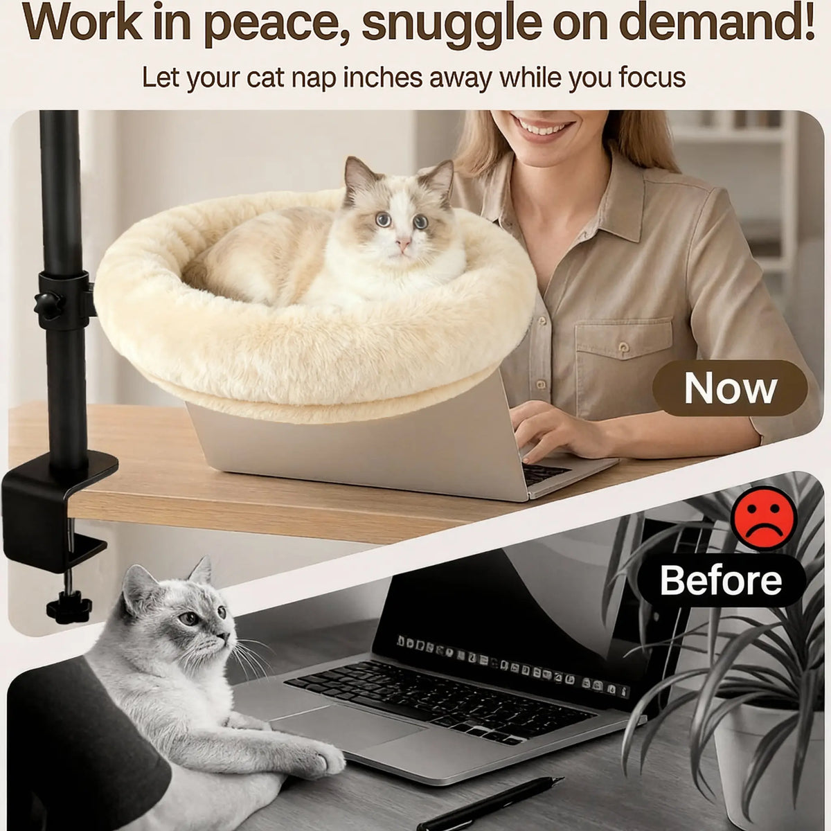Desk Mounted Cat Bed, 60LBS Heavy Duty Floating Cat Perch with Adjustable Swivel Arm, Removable Machine Washable Plush Cat Nest, No-Drill Clip-On Cat Bed for Desk, Gaming & Home Office