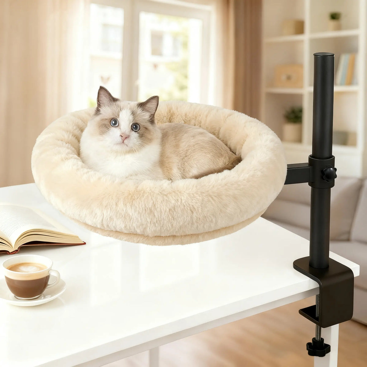 Desk Mounted Cat Bed, 60LBS Heavy Duty Floating Cat Perch with Adjustable Swivel Arm, Removable Machine Washable Plush Cat Nest, No-Drill Clip-On Cat Bed for Desk, Gaming & Home Office