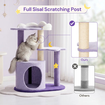 Happy & Polly 28" Compact Moonlight Cottage Cat Tree - Sisal-Wrap Scratcher, Kitten Condo with Cozy Hideout, Multi-Use Feline Pet Furniture for Rest & Play