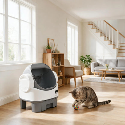Alifuraha Automatic Self-Cleaning Portable Litter Box for Cats - Open-Top Design, Large Capacity for 3.5 to 22 lbs, App-Free Operation, 4-Layer Safety Features, Easy-Clean Drum, 15-Day Waste Storage, Scoop-Free Convenience, 3-Minute Deep Cleaning, Odor Control, Auto and Manual Modes