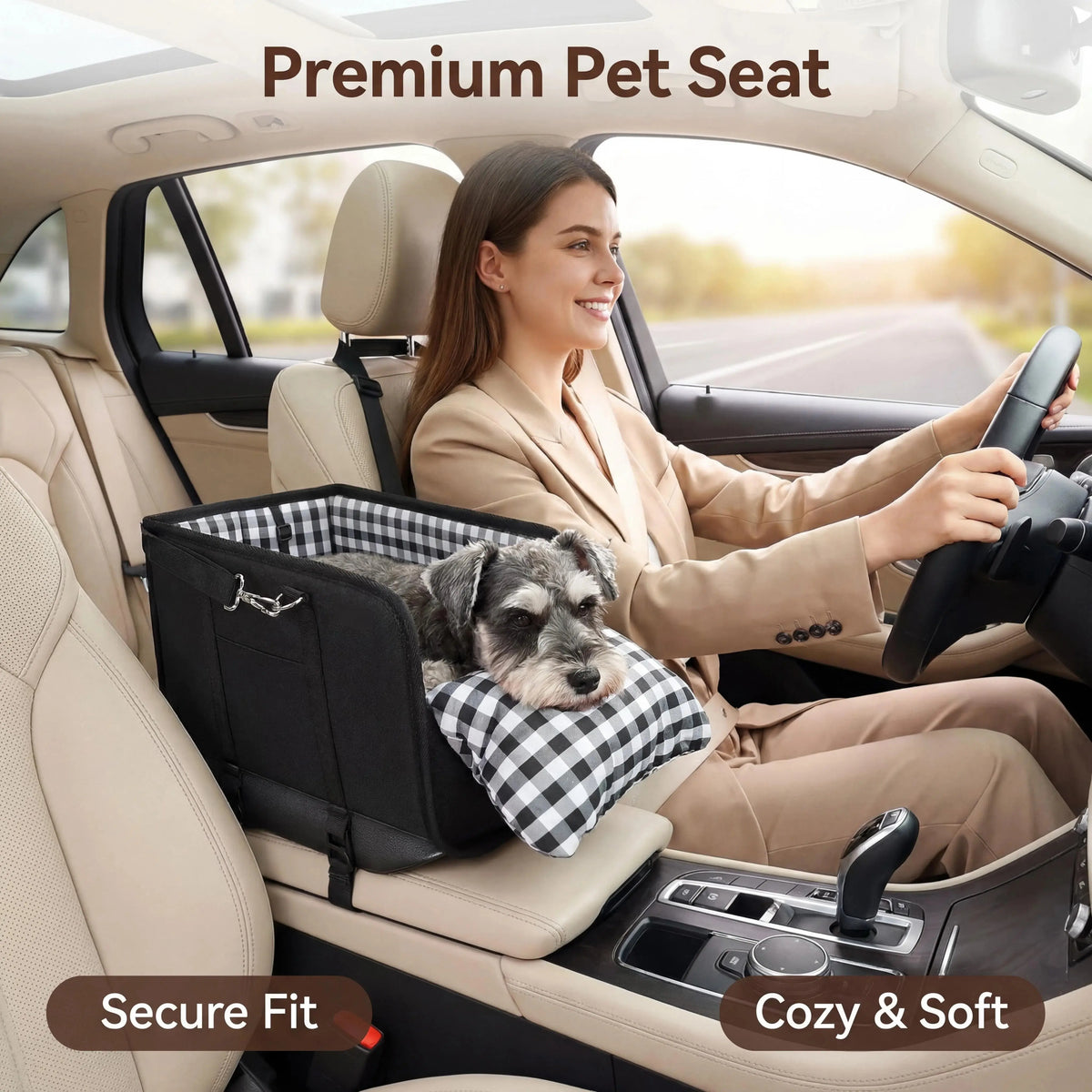 Must-Have Center Console Dog Car Seat for Small Pets up to 12 Lbs, Armrest Booster Seat with Built-In Leash, Cozy Travel Pet Bed for Dogs & Cats